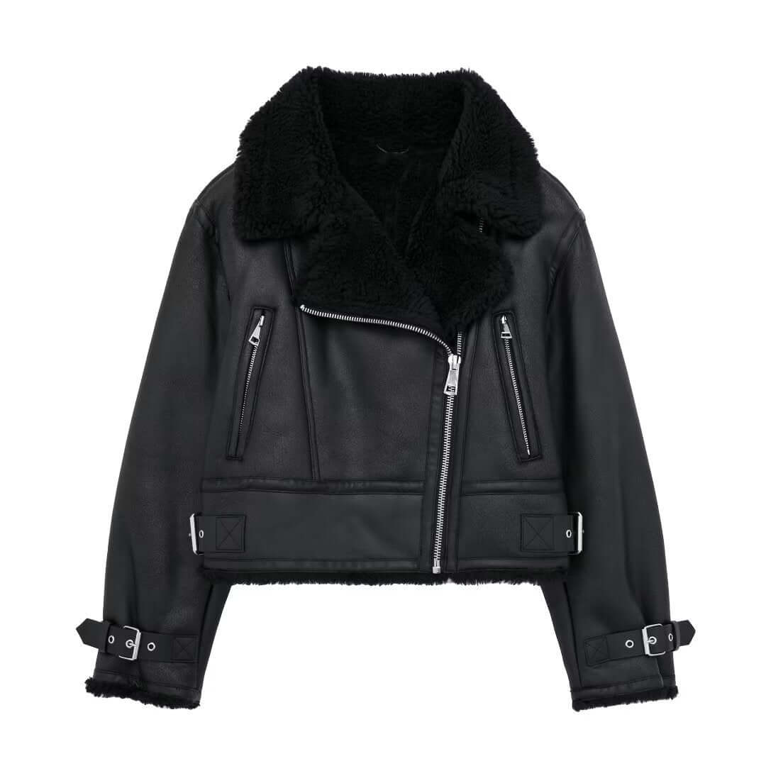 Blouson en cuir pour femme avec col en fourrure