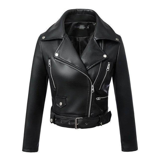 Veste en cuir motard femme avec ceinture