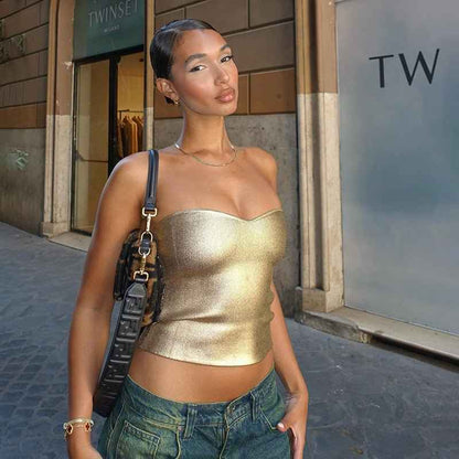 Haut de bustier sexy en cœur scintillant métallisé