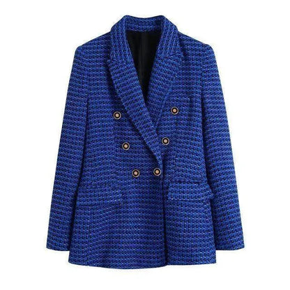 Blazers chics pour femmes, motif à carreaux, bleu foncé