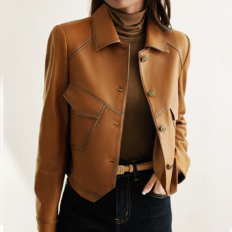 Élégante veste pour femme, marron, aspect cuir