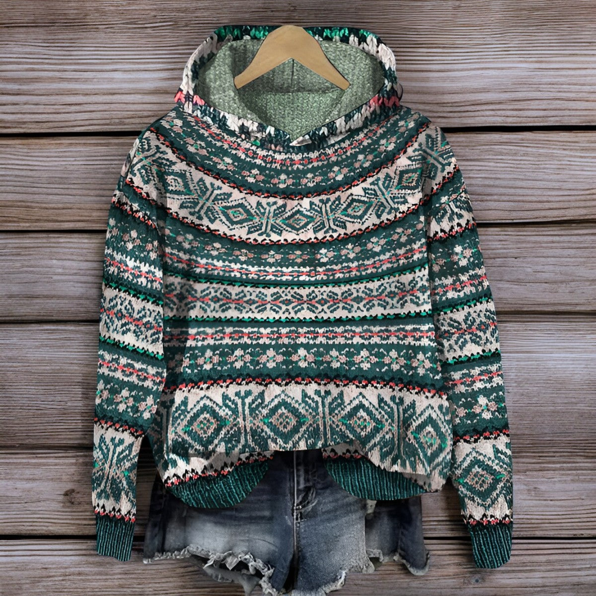 Kapuzenpullover Winterwarm Gestrickt Isländisch - IdealeKleiden