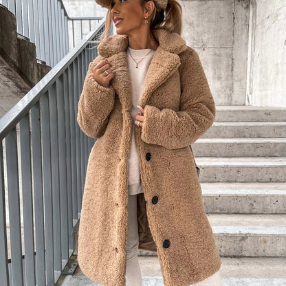 Damen Fleece Mantel Lang Warm Elegant - IdealeKleiden