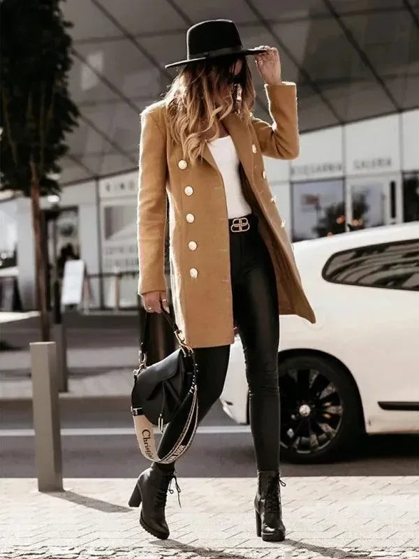 Manteau en laine pour femme, double boutonnage, design élégant