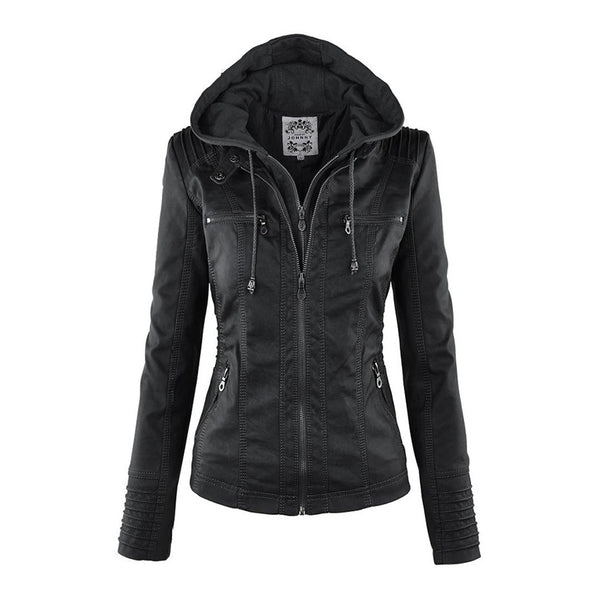 Blouson en cuir double épaisseur pour femme avec capuche