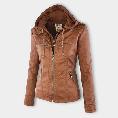 Blouson en cuir double épaisseur pour femme avec capuche