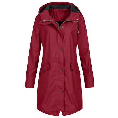 Veste de pluie mi-longue imperméable pour femme avec capuche