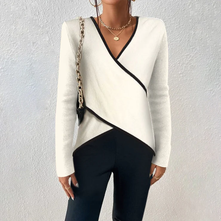 Pull-over doux ivoire à manches longues et col en V