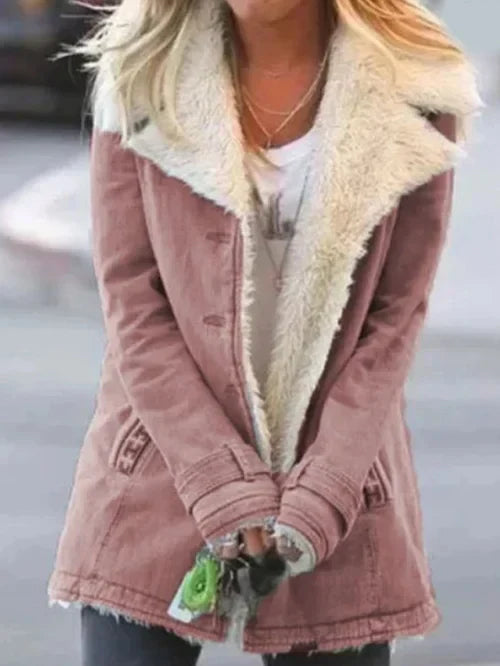 Manteau élégant pour femme, bordure en fausse fourrure douce, fermeture boutonnée