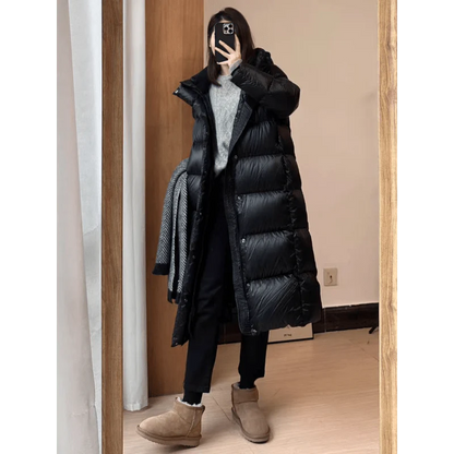 Manteau d'hiver en duvet long noir avec capuche pour femme