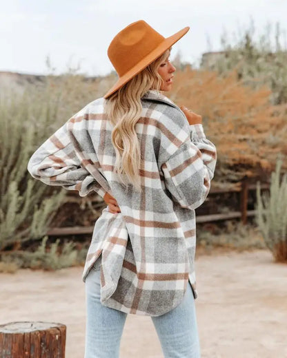 Übergroße Karo Shirtjacke Lang mit Brusttasche - IdealeKleiden