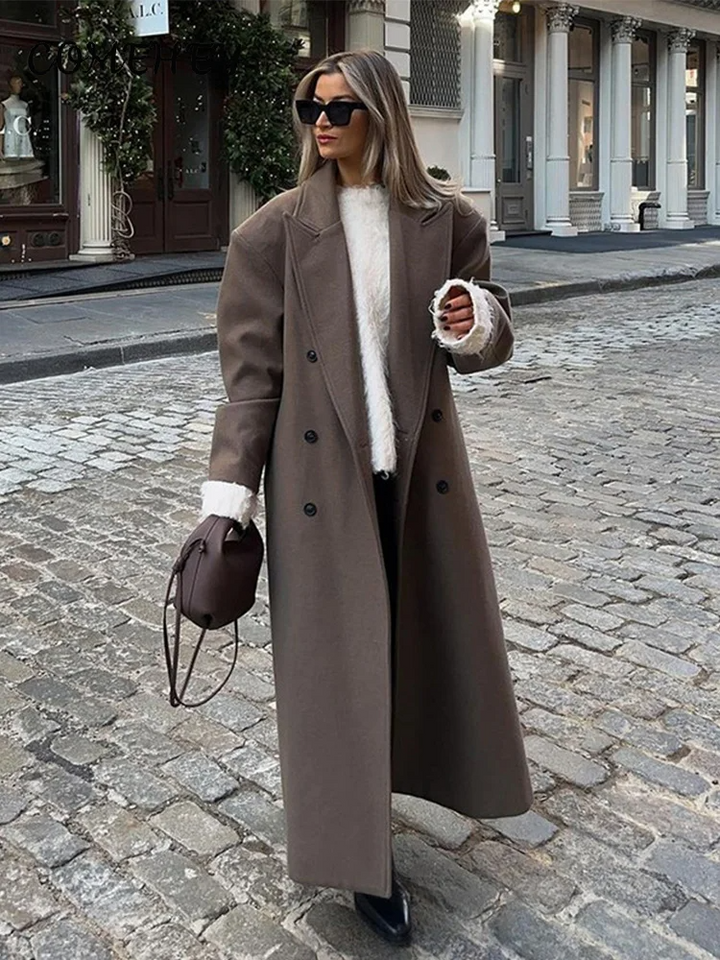 Manteau long femme en laine coupe décontractée