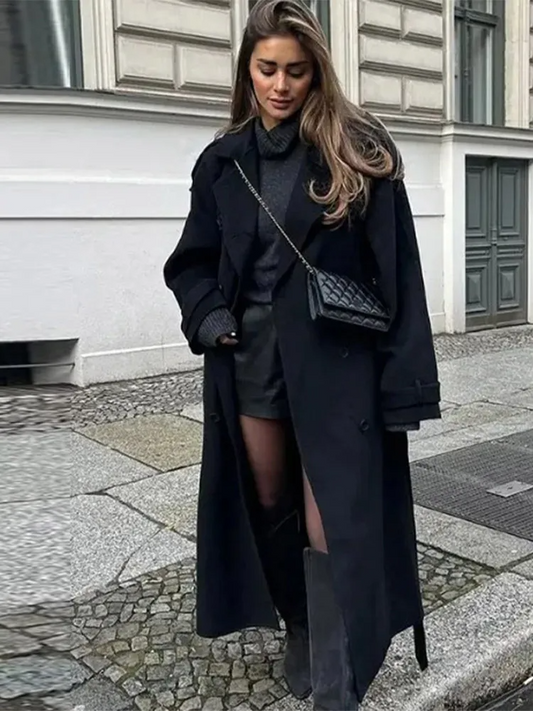 Damen Mantel Lang Elegant Doppelreihen Knöpfe - IdealeKleiden