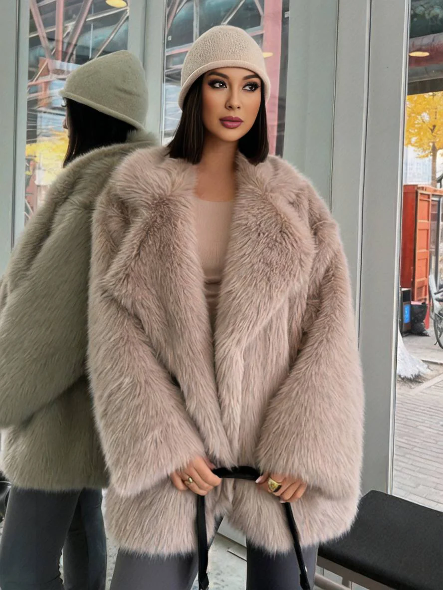 Manteau en fausse fourrure Col cranté Ceinture Longueur mi-mollet