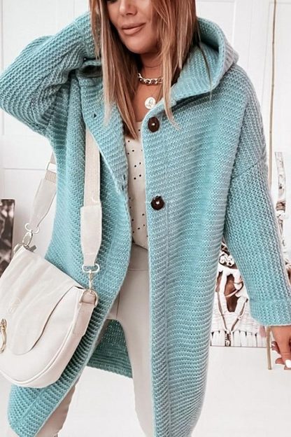 Kuschelige Strickjacke Kapuze Lang Knöpfe - IdealeKleiden
