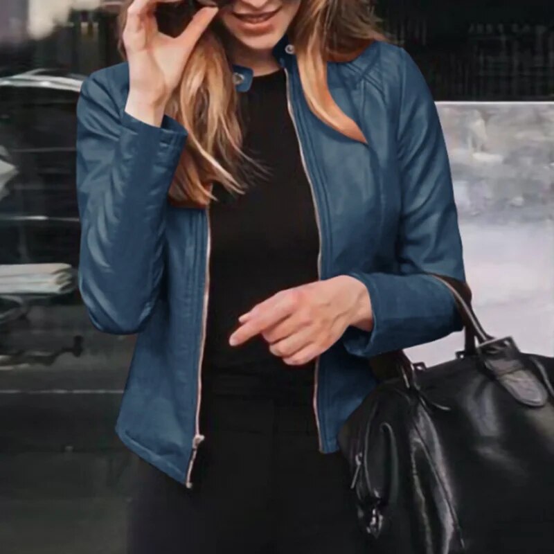 Blouson en cuir slim, col montant et fermeture éclair