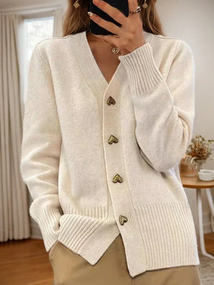 Gilet en laine pour femme, boutons cœur, ourlet côtelé