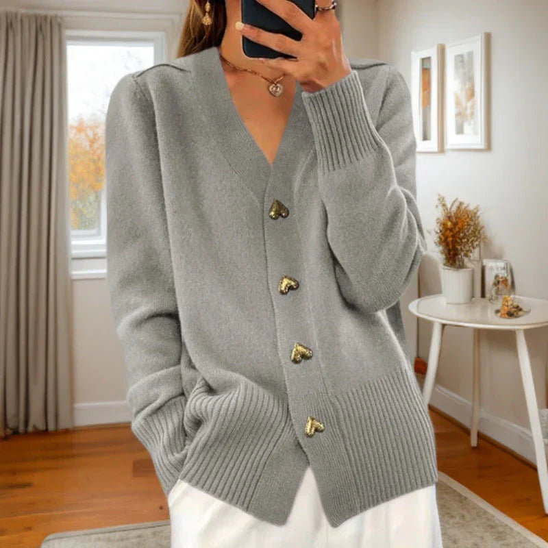 Gilet en laine pour femme, boutons cœur, ourlet côtelé