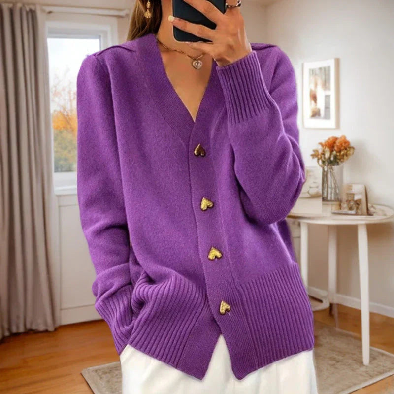 Gilet en laine pour femme, boutons cœur, ourlet côtelé
