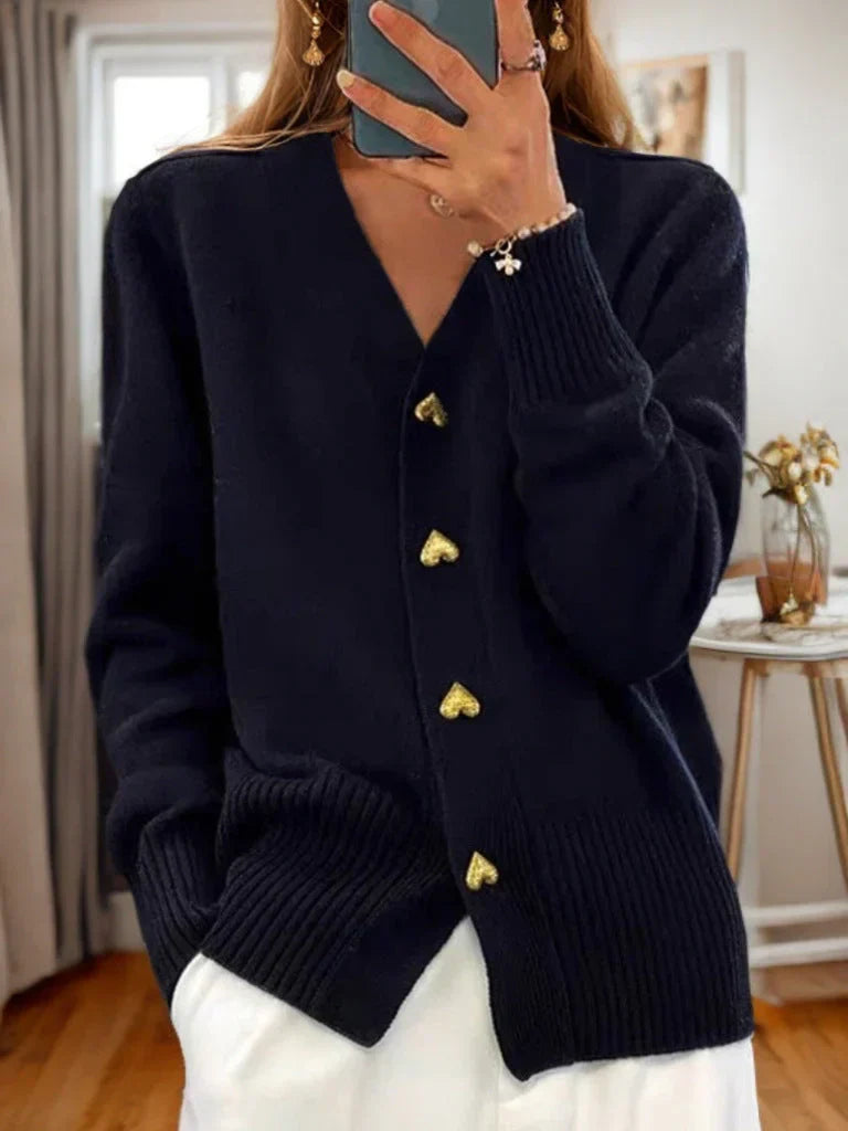 Gilet en laine pour femme, boutons cœur, ourlet côtelé