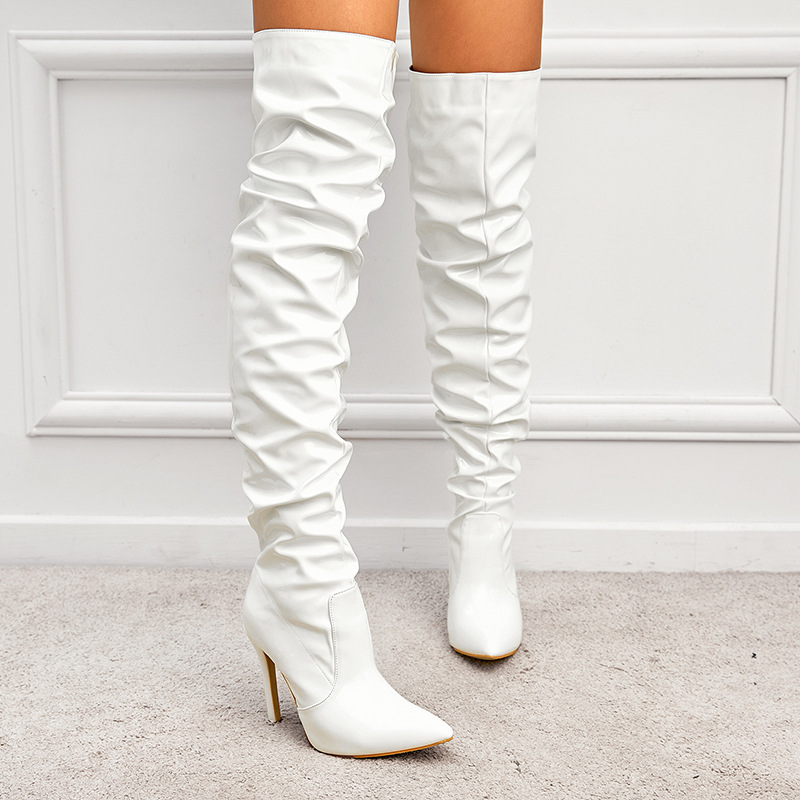 Bottes hautes femme, cuir verni, bout pointu, talons aiguilles