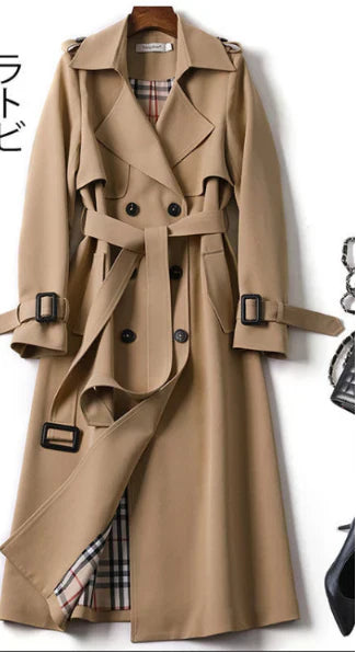 Manteau long double boutonnage élégant rouge rubis pour femme