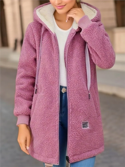 Manteau femme mi-long à capuche en polaire douce