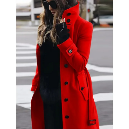 Manteau long femme en laine coupe slim col montant