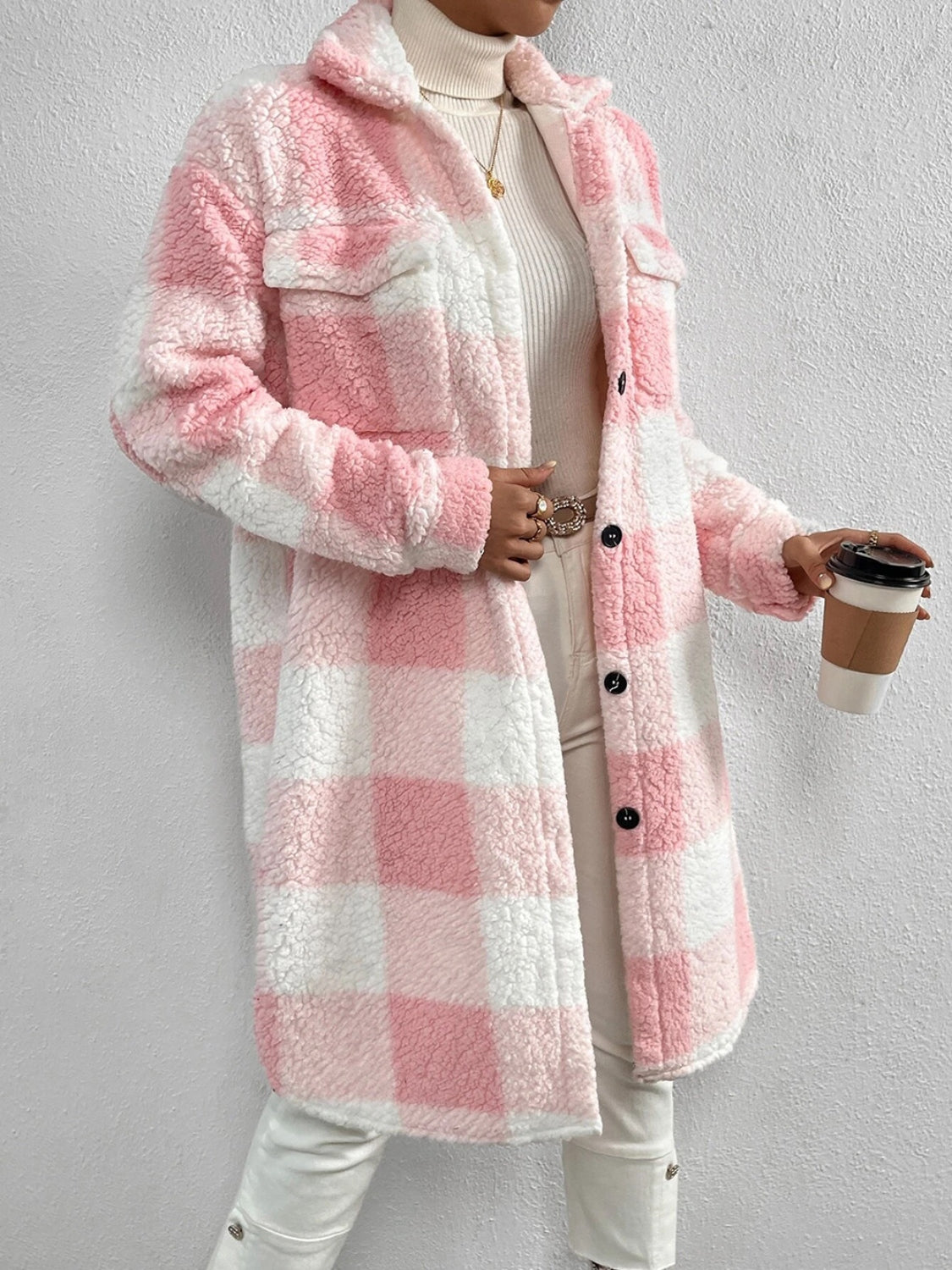 Veste à carreaux pour femme Col en peluche Fermeture boutonnée