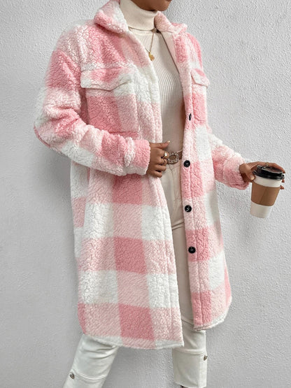Veste à carreaux pour femme Col en peluche Fermeture boutonnée