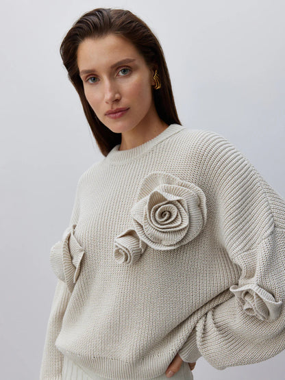 Romantischer 3D Rosen Pullover Damen Weich - IdealeKleiden
