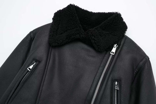Modische Damen Lederjacke mit Pelz Kragen - IdealeKleiden