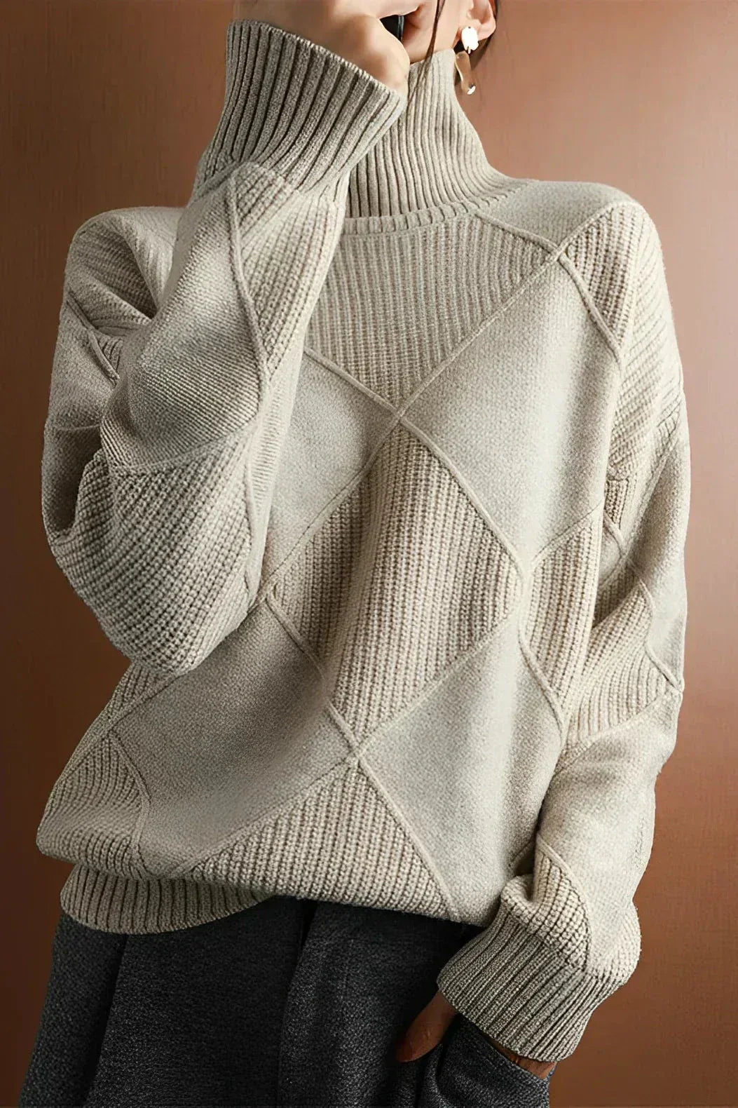 Pull en tricot diamant élégant col roulé pour femmes