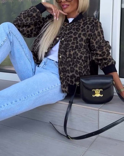 Leopardenjacke Damen Trendy Knopftasche - IdealeKleiden