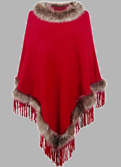 Poncho long élégant pour femme avec col en fausse fourrure