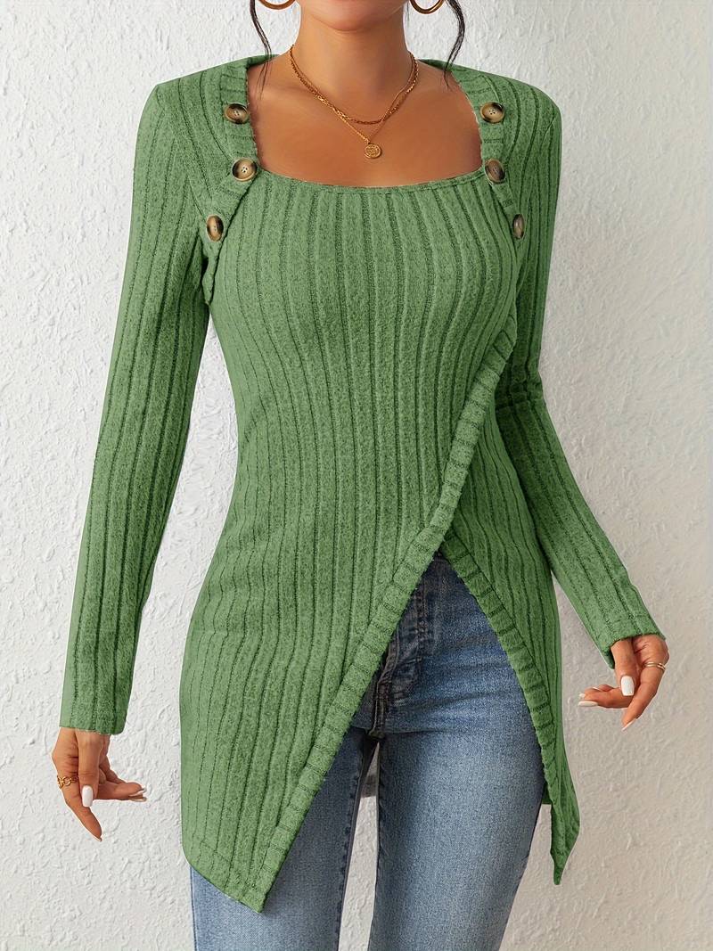 Pull-over Élégant Femme Col Carré Manches Longues
