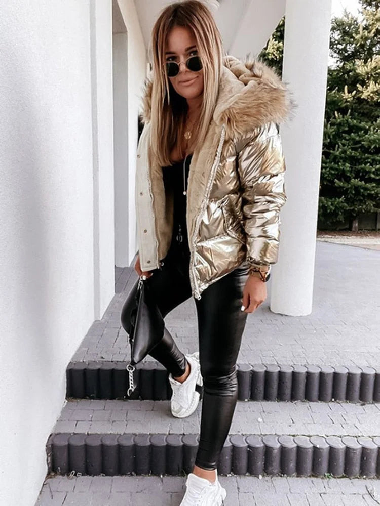 Elegante Damenwinterjacke Metallic Gold Silber - IdealeKleiden