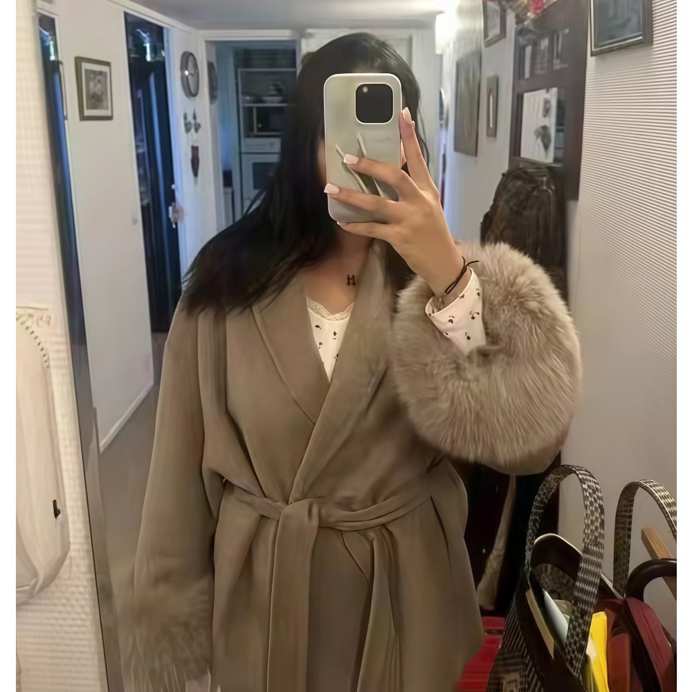 Manteau d'hiver long pour femme avec ceinture et fausse fourrure