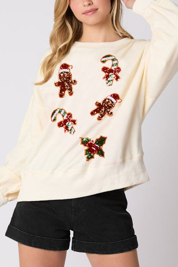 Weihnachten Sweatshirt Lebkuchenmann Glitzer Lässig Langarm - IdealeKleiden