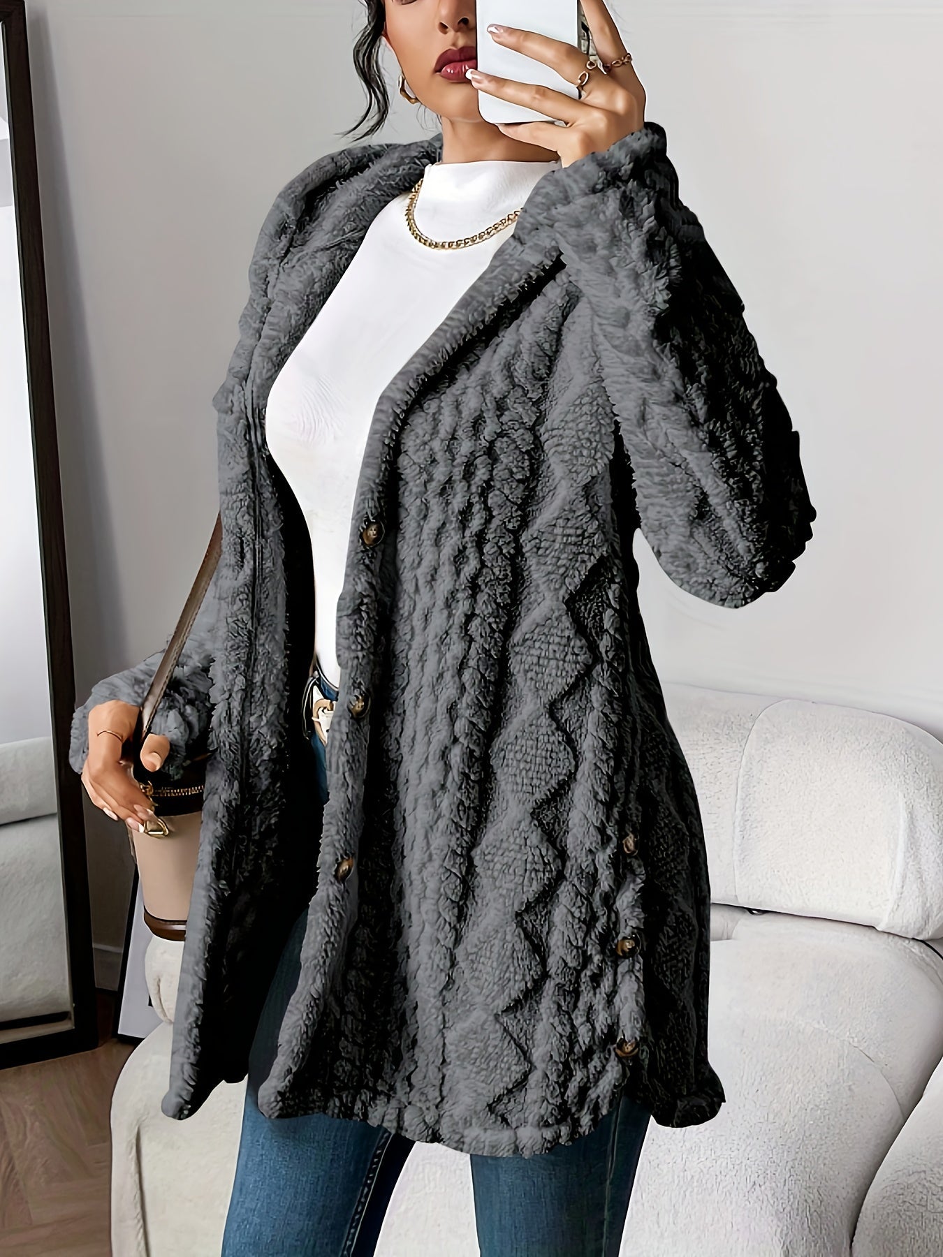 Veste longue d'hiver pour femme avec capuche et boutons