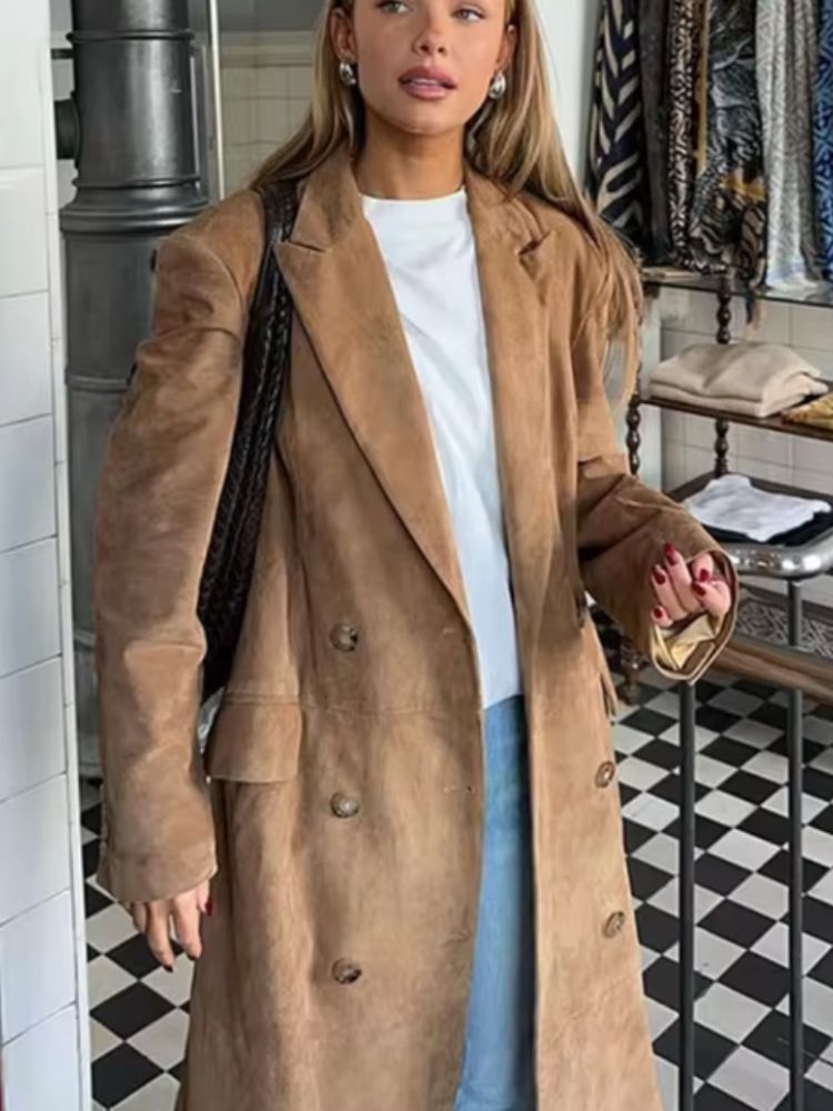 Manteau long élégant pour femme en daim