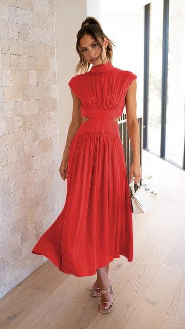 Élégante robe midi avec découpes et col montant