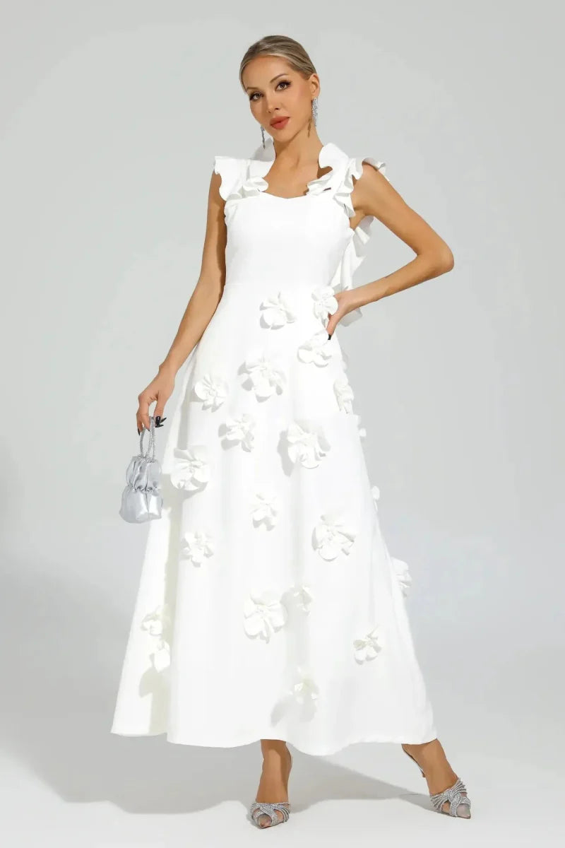 Weißes Sommerkleid mit 3D Blumenmuster und Ruffles - IdealeKleiden