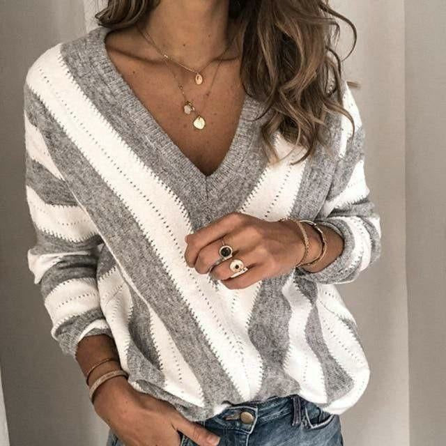 Pull pour femme automne rayé col en V
