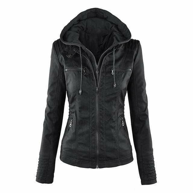 Blouson en cuir à capuche noir élégant