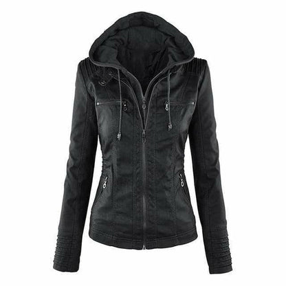 Blouson en cuir à capuche noir élégant