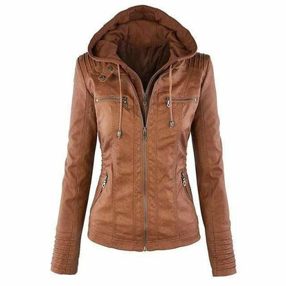 Blouson en cuir à capuche noir élégant