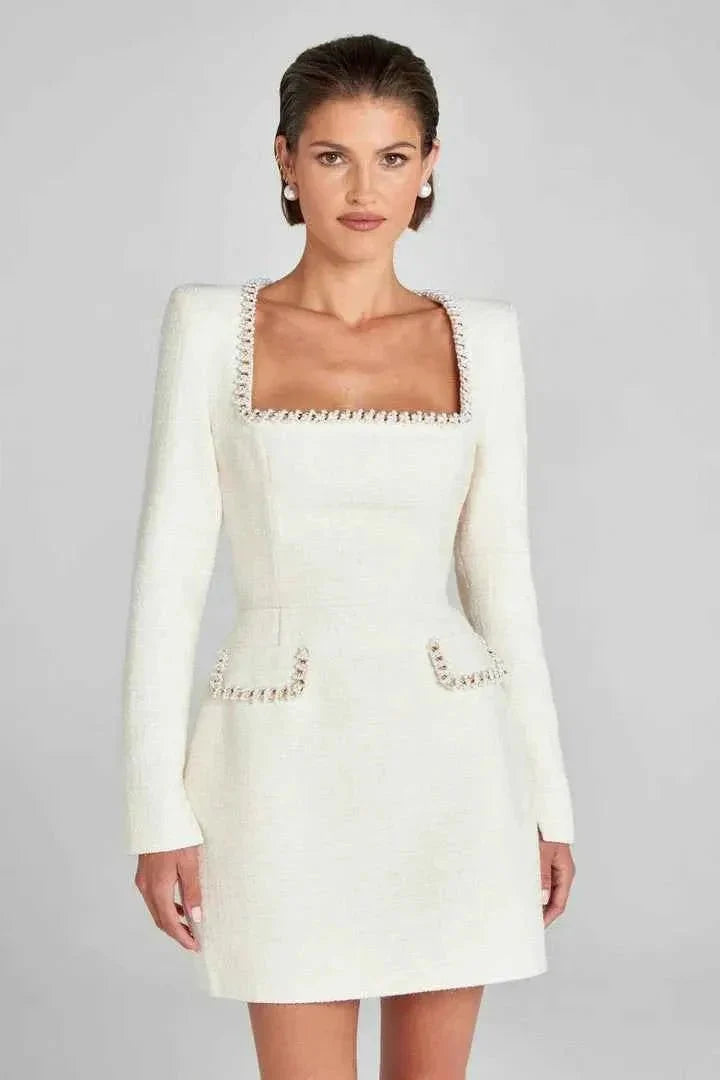 Mini-robe en tweed, manches longues, décorée de perles, élégante