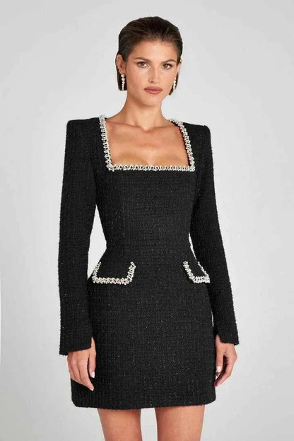 Mini-robe en tweed, manches longues, décorée de perles, élégante