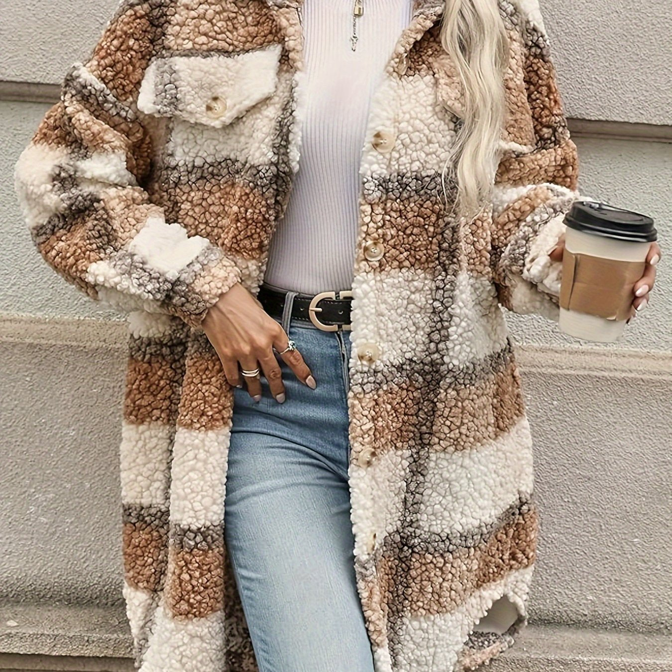 Veste stylée à carreaux et surface duveteuse